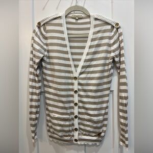 Burberry LONDON Women’s Button Cardigan Epaulets Tan White Stripe Sz‎ Small
